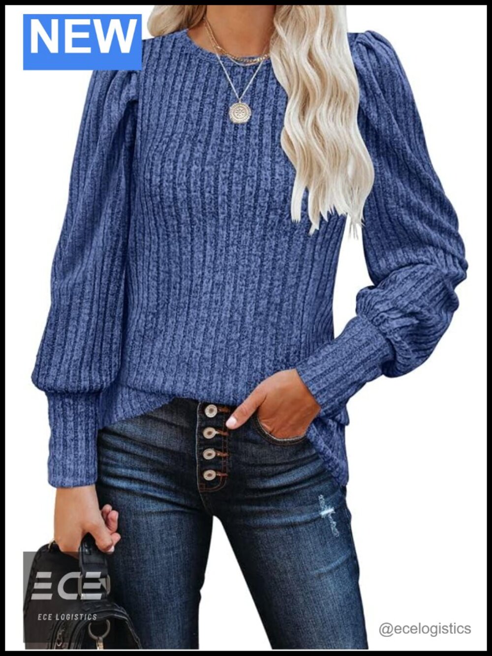 MIHOLL Puff Long Sleeve Knit Blouse Crew Neck Tunic Top